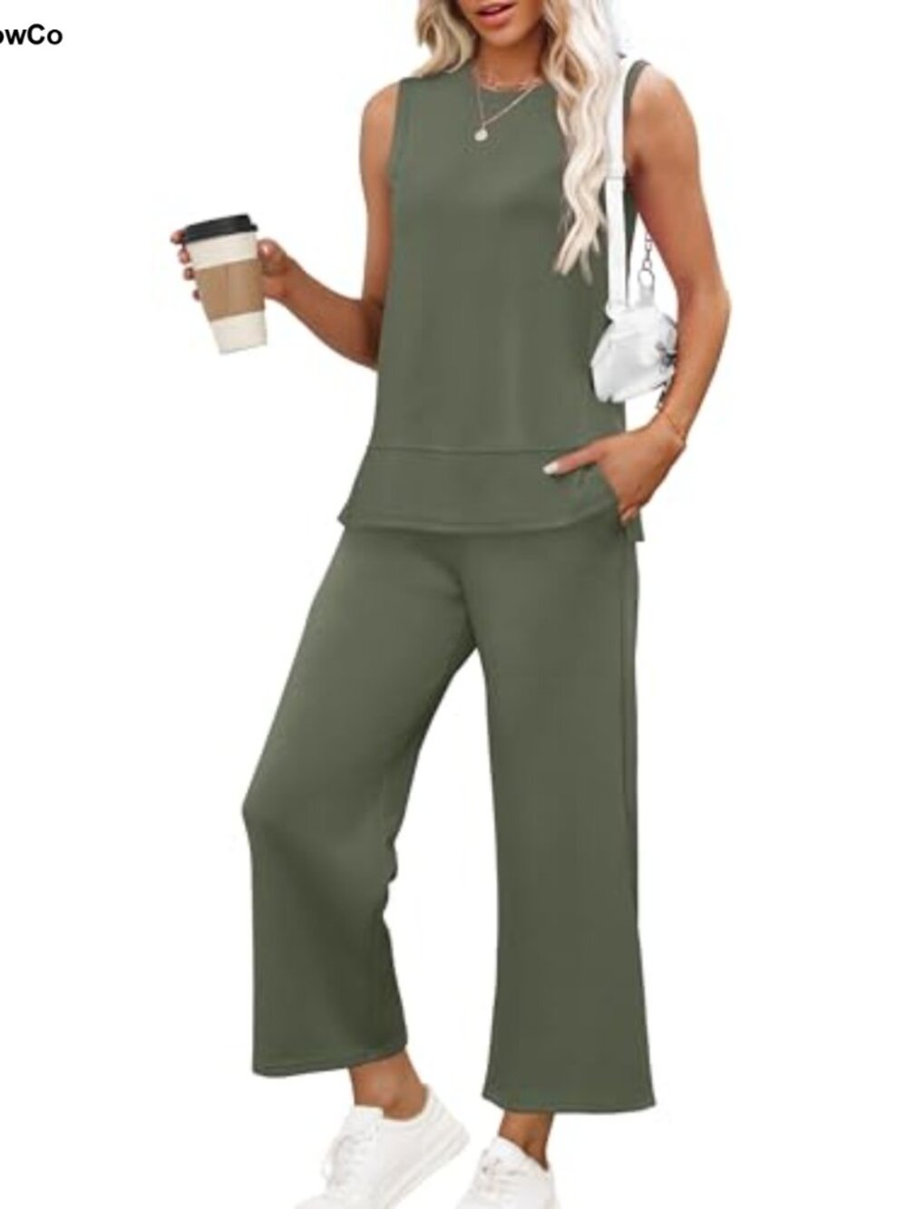 Women's 2 Piece Loungewear Set Sleeveless Tunic Top Wide Leg Cropped Pants